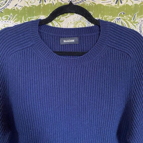 NAADAM Navy Blue Merino Wool/ Cashmere Blend Ribbed Mockneck Sweater Size Medium - Picture 2 of 16